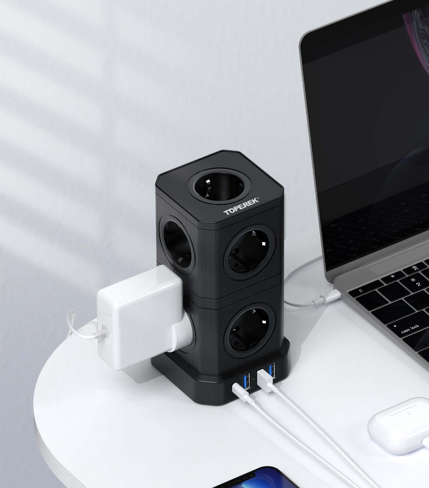 TP-VE4U9E-C Steckdosenleiste mit 9 Steckplätzen und USB-Anschlüssen, ideal für Schreibtisch und effiziente Energieversorgung.