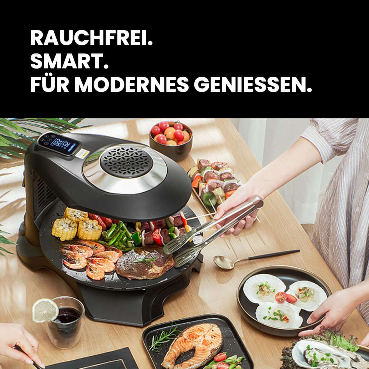LY-007 Infrarot Elektrogrill mit LCD-Touchscreen, 360° Drehplatte, 80–280°C Temperaturregelung – Rauchfreies Grillen für Innenräume