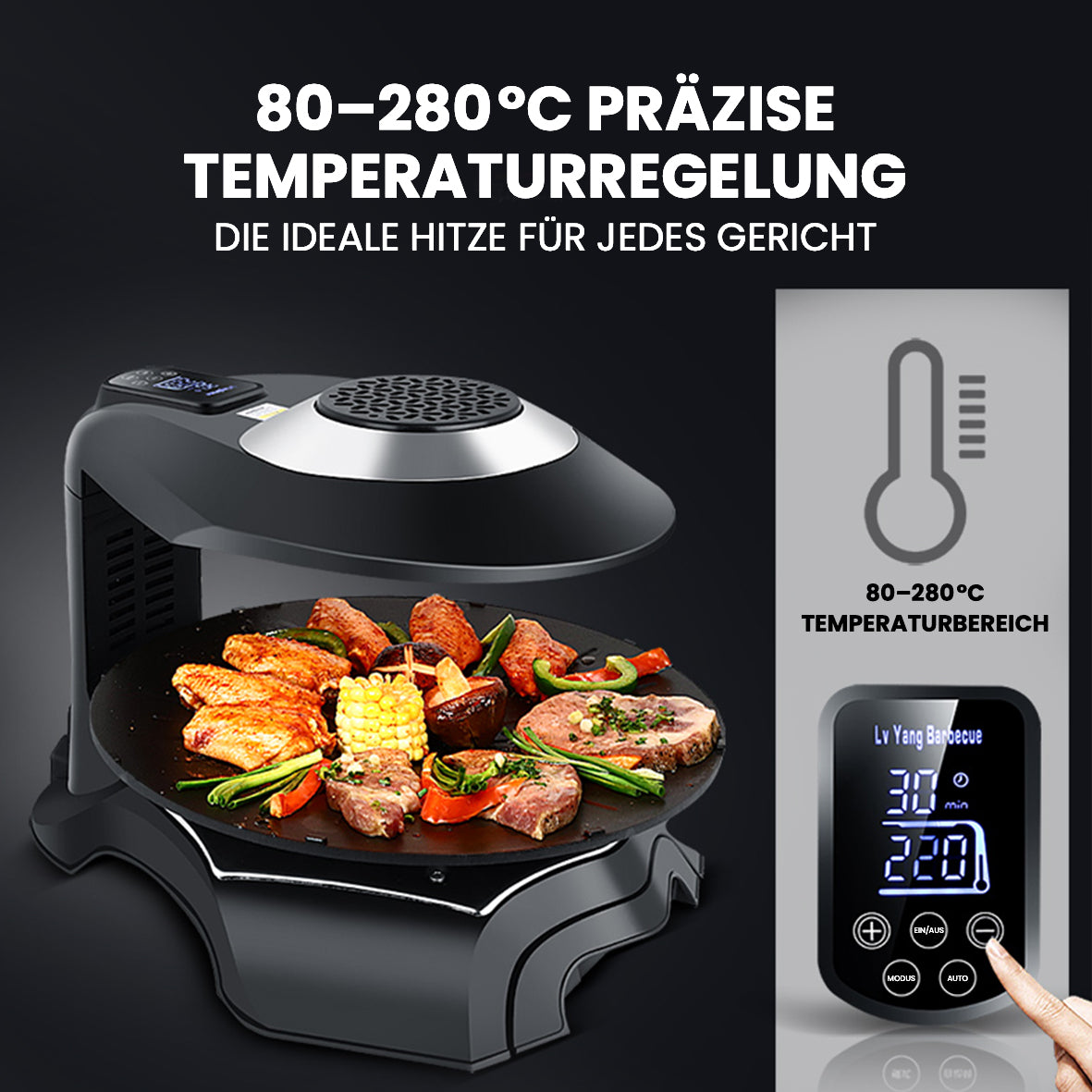 LY-007 Infrarot Elektrogrill mit LCD-Touchscreen, 360° Drehplatte, 80–280°C Temperaturregelung – Rauchfreies Grillen für Innenräume