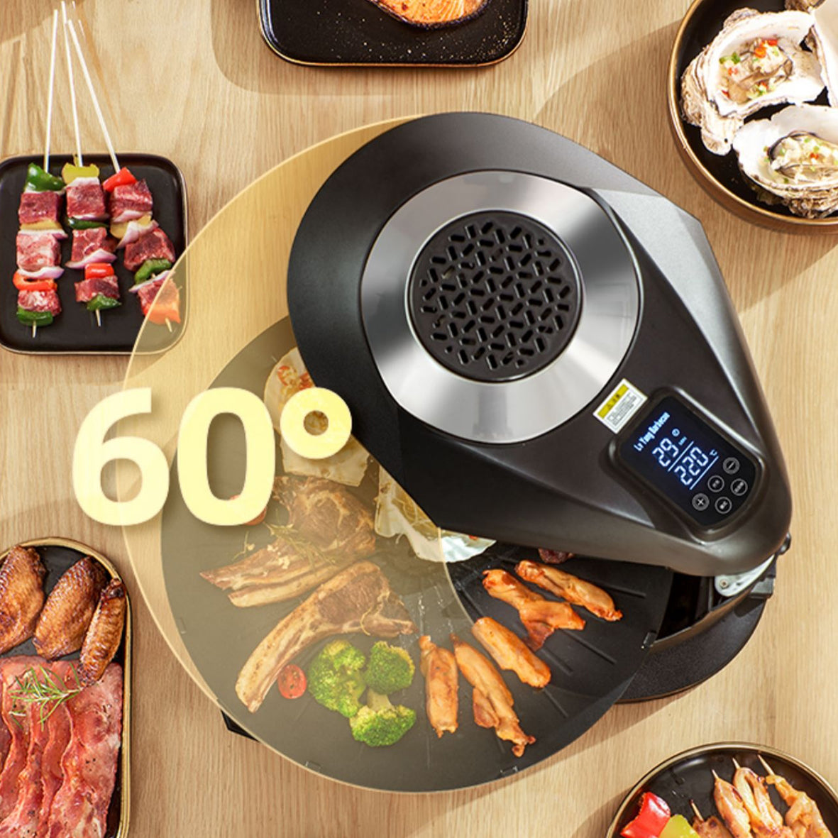 LY-007 Infrarot Elektrogrill mit LCD-Touchscreen, 360° Drehplatte, 80–280°C Temperaturregelung – Rauchfreies Grillen für Innenräume