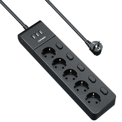 TP-FI3U5E Steckdosenleiste mit 5 EU-Steckdosen und 3 USB-Anschlüssen, ideal für Zuhause und Büro.