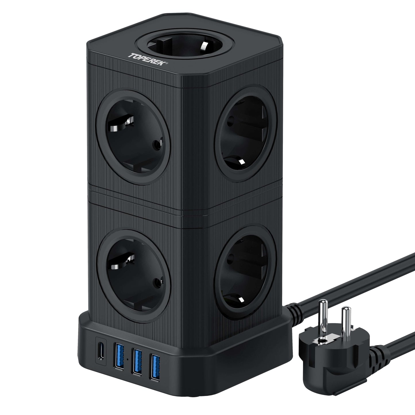 TP-VE4U9E-C vertikale Steckdosenleiste mit 9 EU-Steckplätzen und 3 USB-A Ports in modernem Design.