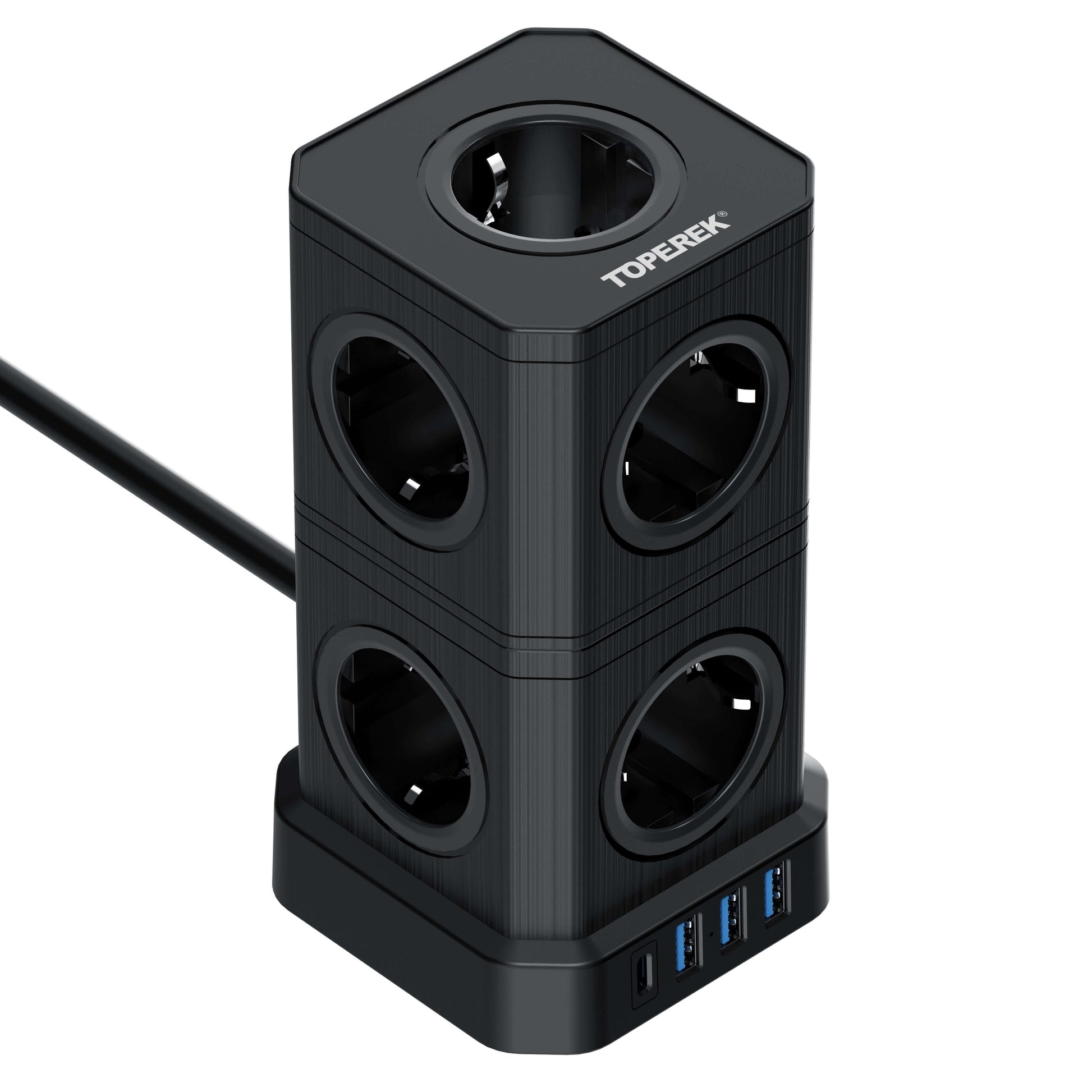 TP-VE4U9E-C Steckdosenleiste mit 9 Steckplätzen und 3 USB-Ports für platzsparende Energieversorgung.