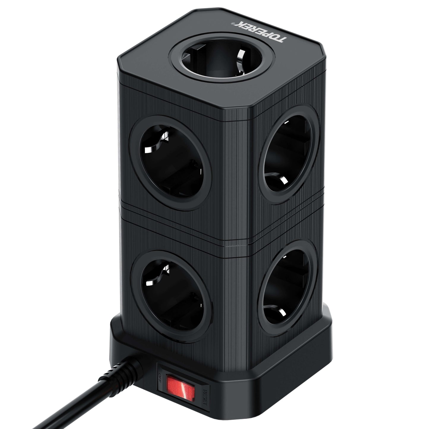 TP-VE4U9E-C vertikale Steckdosenleiste mit 9 EU-Steckdosen und USB-Anschlüssen in modernem Design.