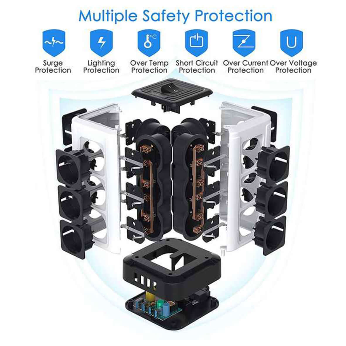 Diagram illustrating safety features of TP-VF4U12E-C tower power strip, including surge, overcurrent, and voltage protection.
