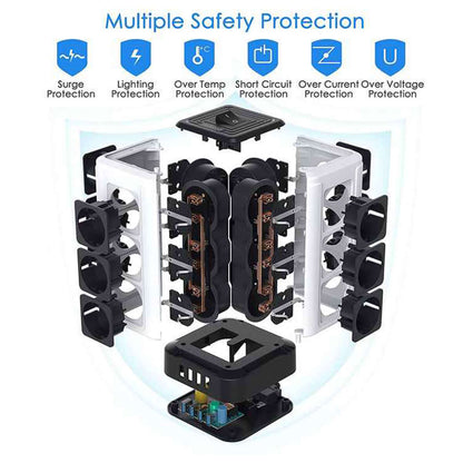 Diagram illustrating safety features of TP-VF4U12E-C tower power strip, including surge, overcurrent, and voltage protection.
