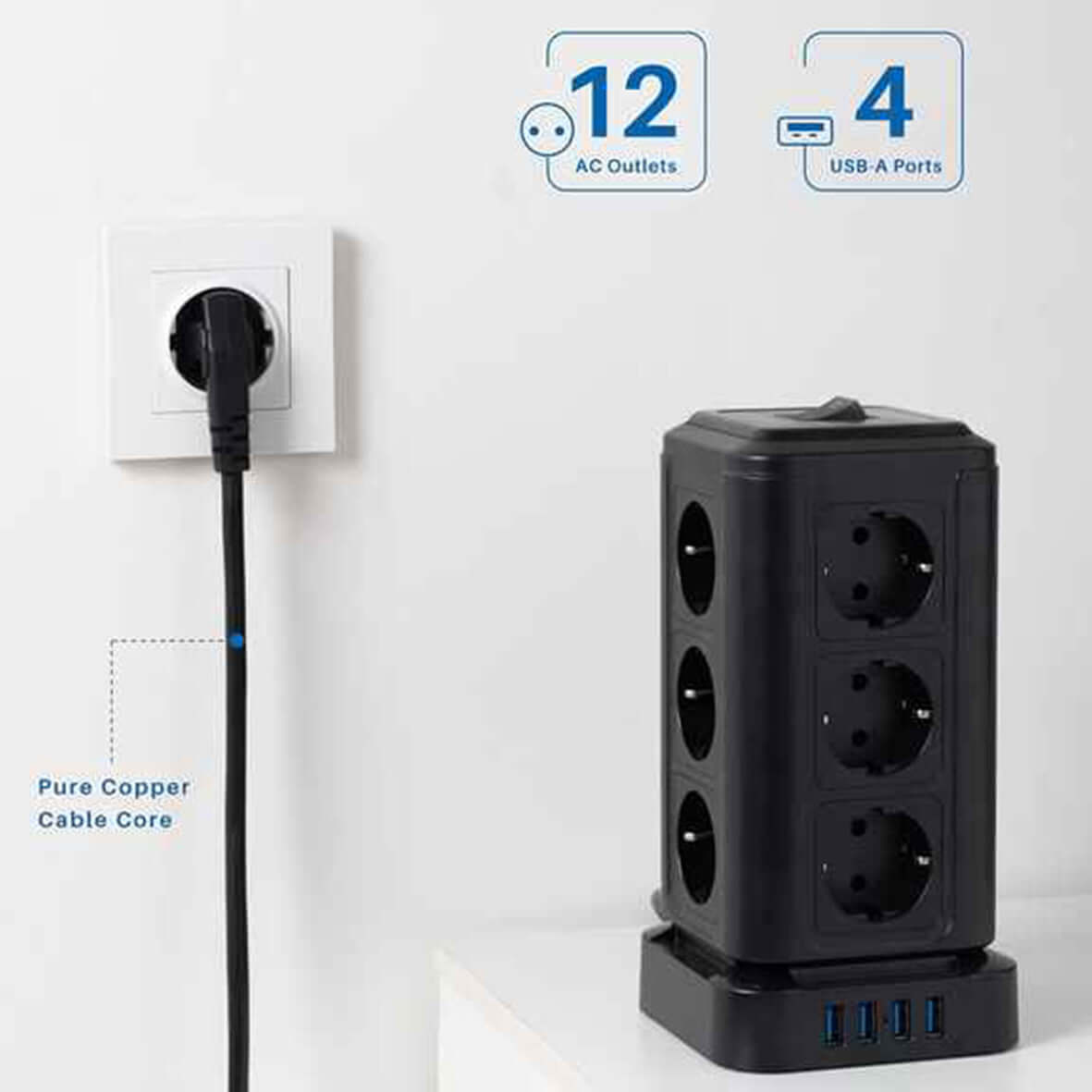 TP-VF4U12E-C Tower power strip with 12 AC outlets and 4 USB ports for versatile charging.