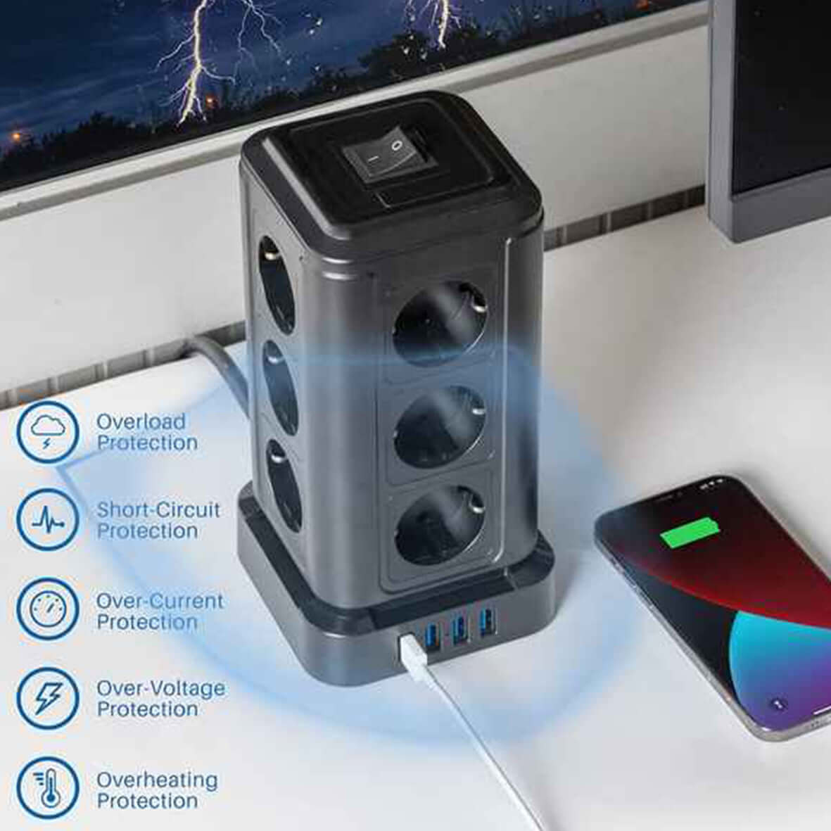 TP-VF4U12E-C tower power strip on desk, featuring 12 EU outlets and USB ports with safety protections.