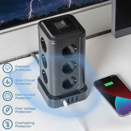 TP-VF4U12E-C tower power strip on desk, featuring 12 EU outlets and USB ports with safety protections.