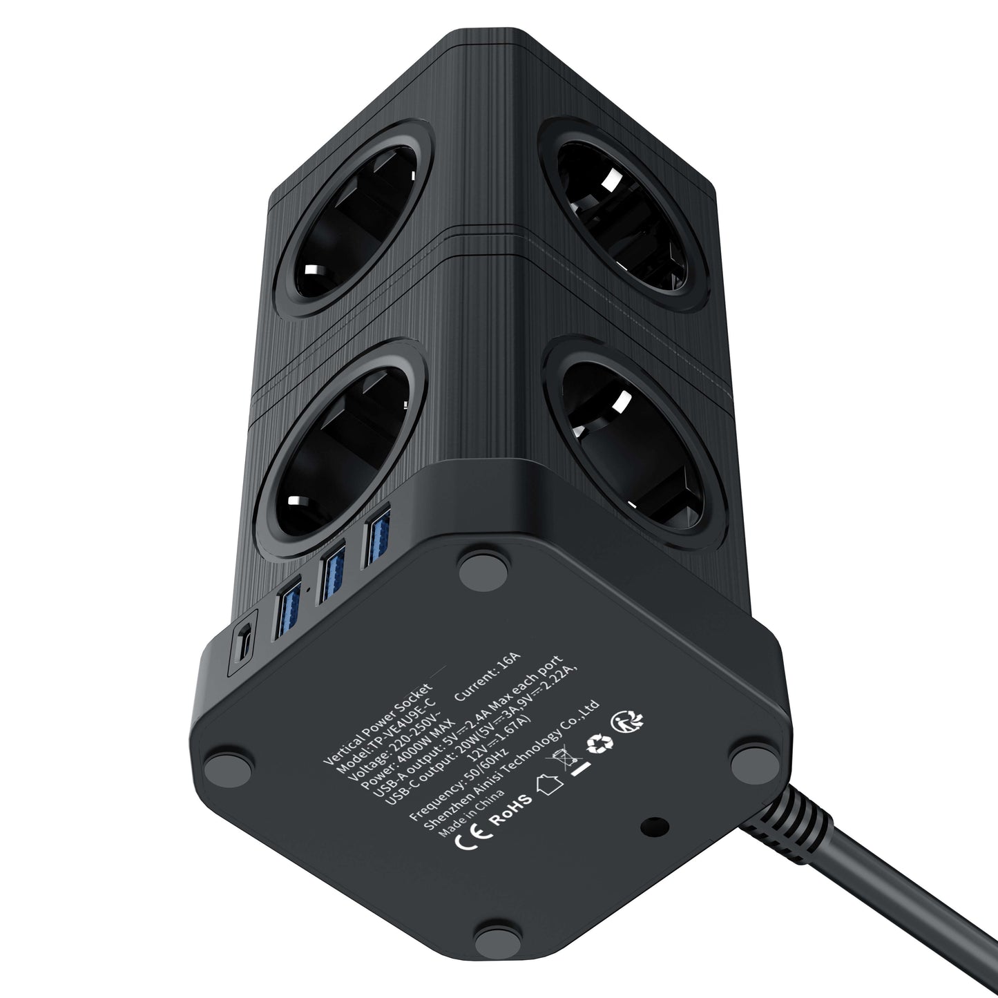 TP-VE4U9E-C Steckdosenleiste in kompakter Turmform mit 9 Steckdosen und 3 USB-Ports.