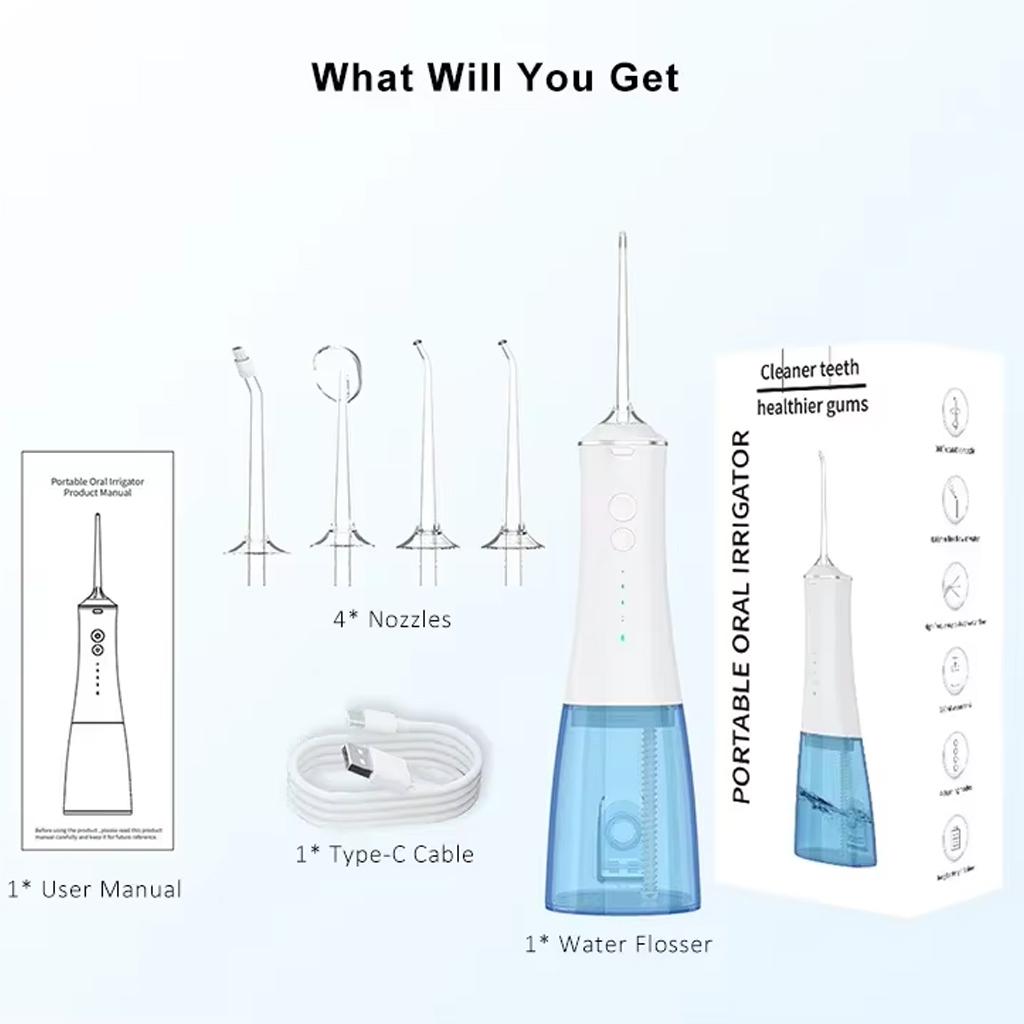 Portable oral irrigator kit includes water flosser, 4 nozzles, user manual, and Type-C cable for effective dental care.