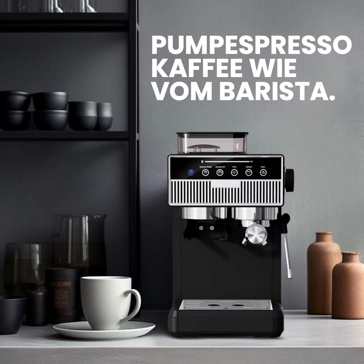 PUMP ESPRESSO CM5500 Maschine für Barista-Qualität Kaffee zuhause, mit Tasse und Geschirr im Hintergrund.