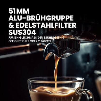 51mm Aluminium-Brühgruppe und Edelstahlfilter für perfekten Espresso, geeignet für ein oder zwei Tassen.