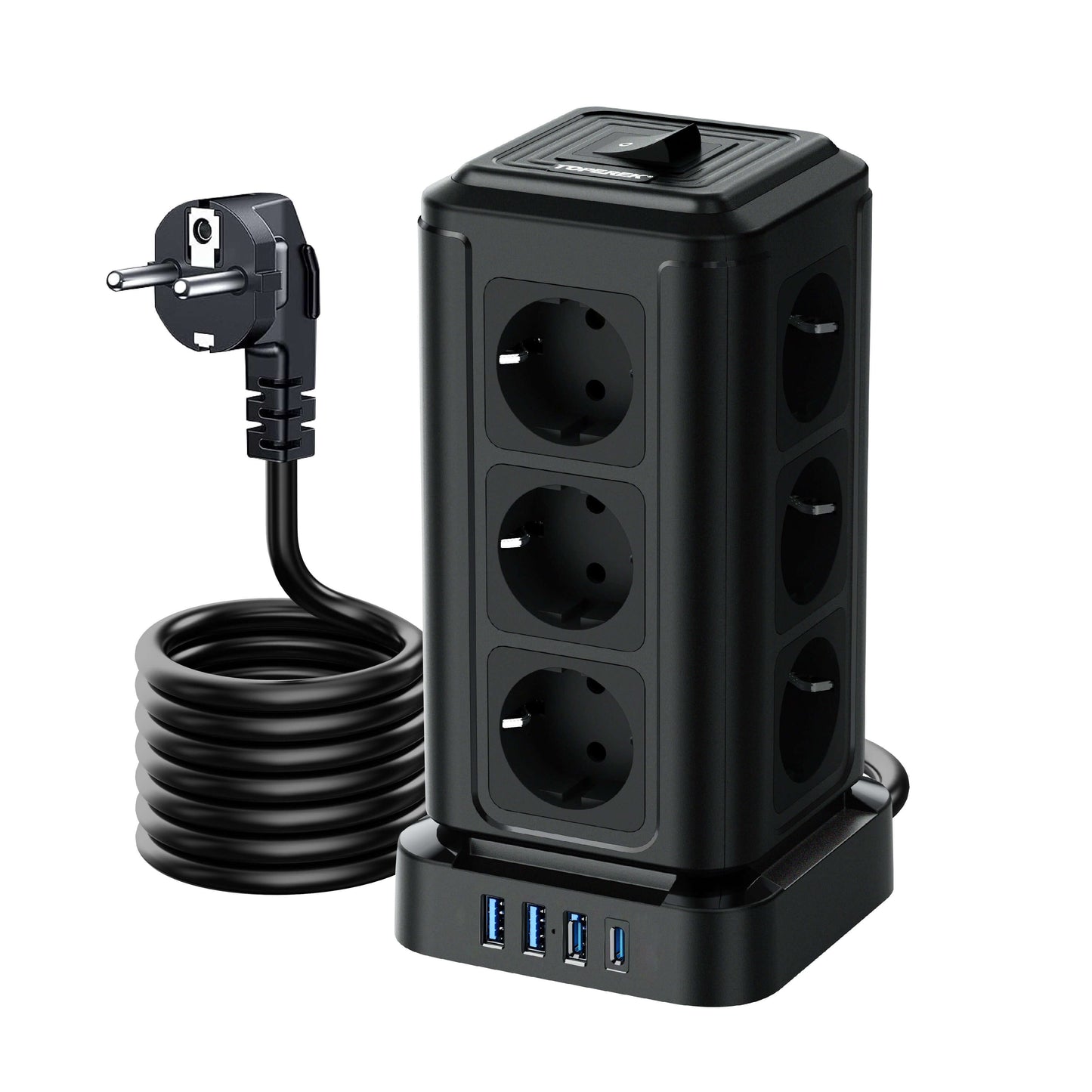 TP-VF4U12E-C Tower power strip with 12 EU sockets, 3 USB-A, and 1 USB-C for smart charging solutions.