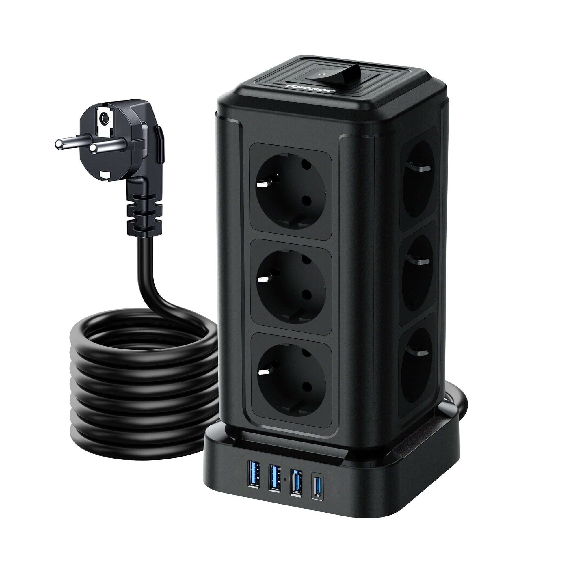 TP-VF4U12E-C Tower power strip with 12 EU sockets, 3 USB-A, and 1 USB-C for smart charging solutions.