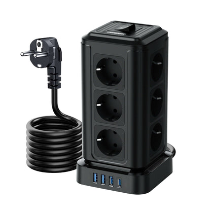 TP-VF4U12E-C Tower power strip with 12 EU sockets, 3 USB-A, and 1 USB-C for smart charging solutions.